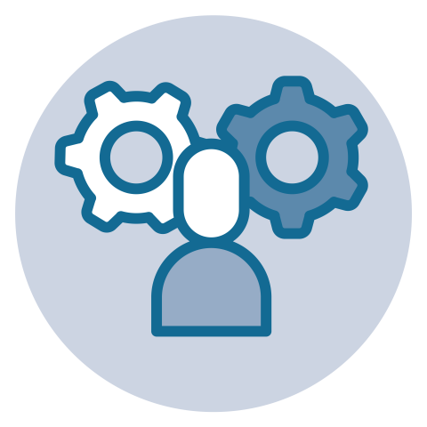 icon of graphic human with two cogs in a wheel