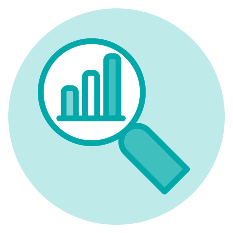 icon of a magnifying glass looking at a bar chart trending upwards