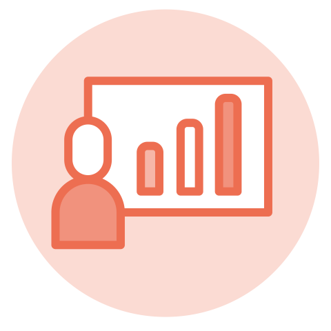 icon of person looking at a 3 bar column graph trending upwards